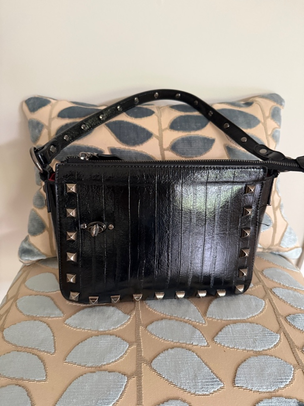 Sharif Black Eel Skin  Leather Stud-Trim Crossbody Bag